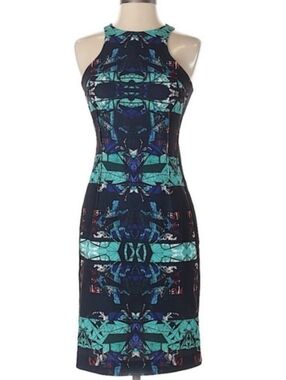 Greedilous PYH Geometric Print Halter Sheath Dress Ruffle Back 34 XS 0/2 NWT